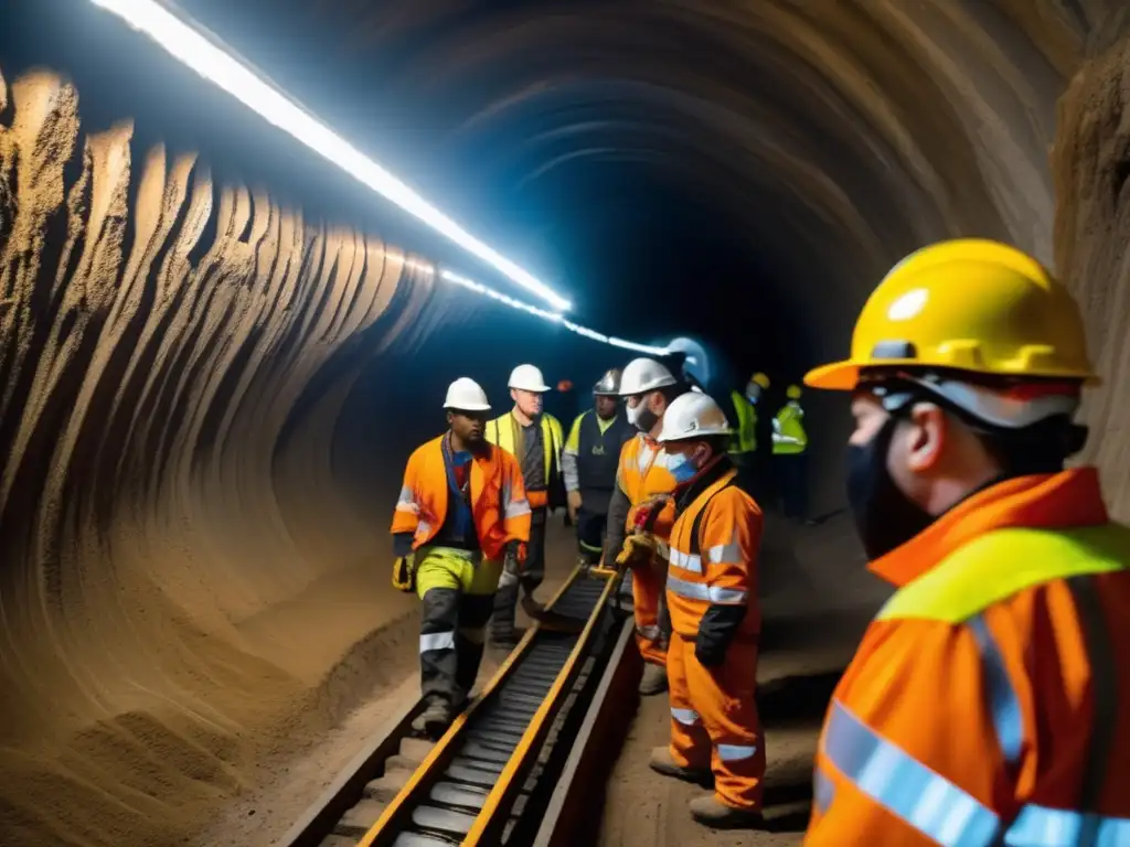 Herramientas sostenibles para exploración minera en moderno túnel subterráneo: Mineros expertos con equipo de vanguardia