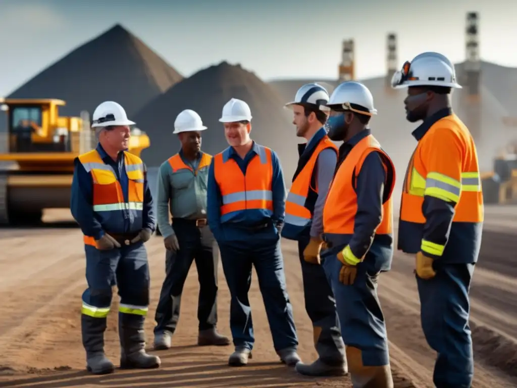 Prevención enfermedades mineros sostenibles: Grupo de mineros planificando actividades y mostrando equipos de protección en operación minera