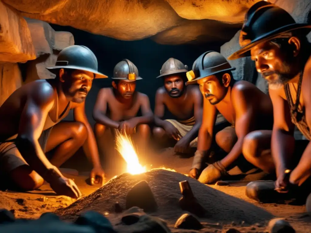 Rituales mineros en civilizaciones precolombinas: Imagen realista de mineros precolombinos en una mina, con herramientas tradicionales, concentrados en extraer minerales en un entorno desafiante y peligroso