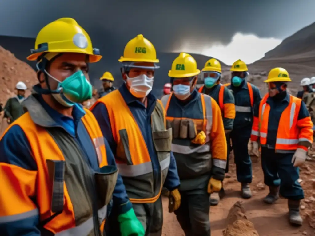 Mineros sostenibles en simulacro de emergencia: PPE, evacuación y atmósfera tensa