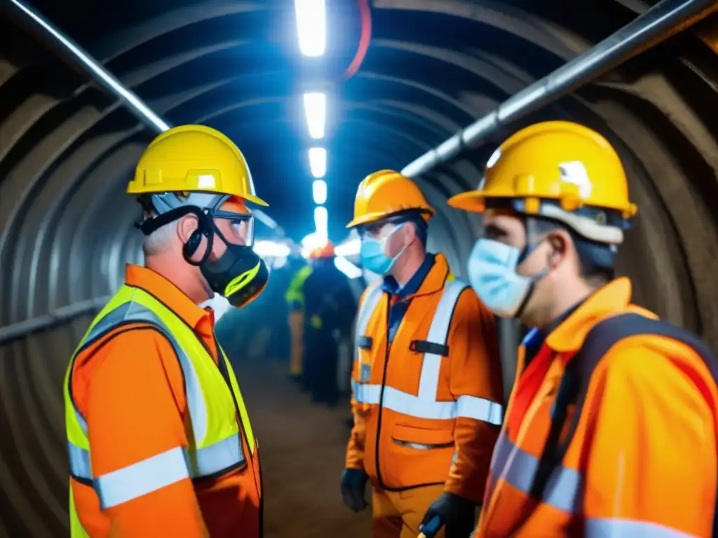 Mineros en túnel bajo tierra siguiendo protocolos de emergencia en minas