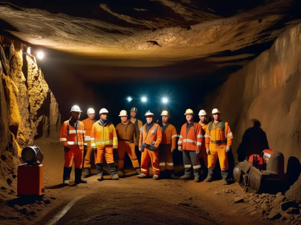 Mineros en túnel de mina con equipo de seguridad y comunicación