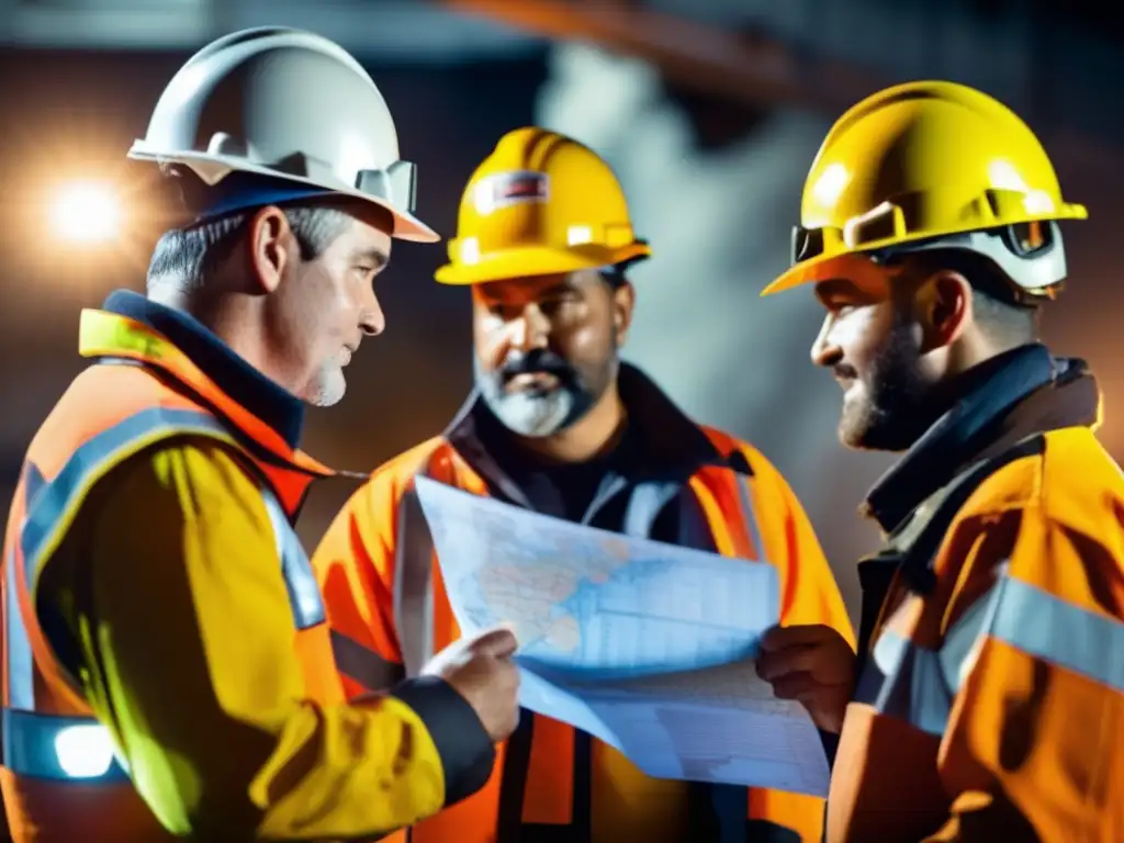 Mineros con cascos y mapa, enfatizando protocolos de emergencia minera sostenibles