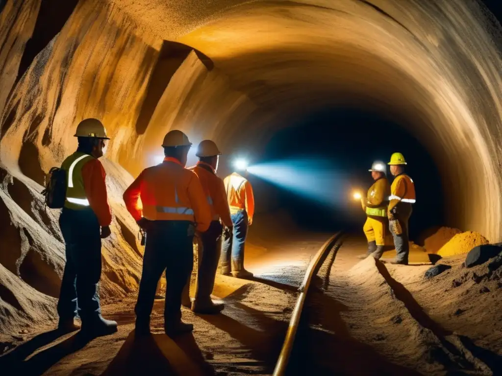 Mineros en túnel subterráneo siguiendo protocolos de emergencia minera sostenibles