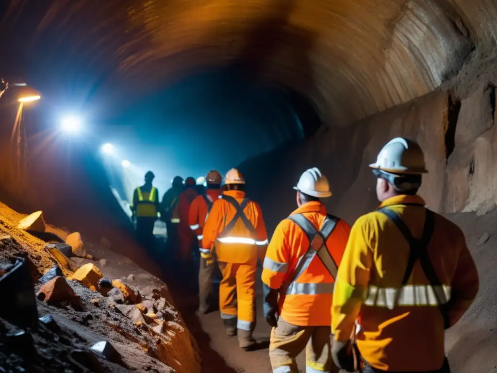 Mineros profesionales en túnel minero con equipo de protección - Prevención de enfermedades mineras