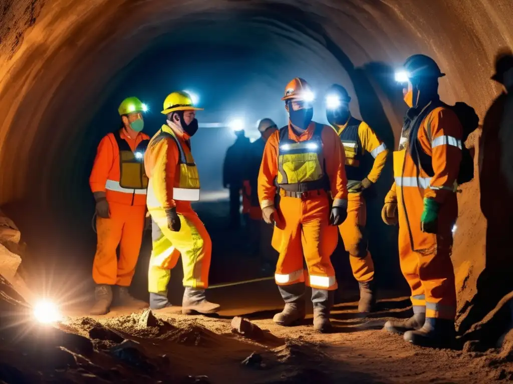 Riesgos de enfermedades infecciosas en la minería: Mineros profesionales en túnel de entrenamiento con equipo de protección y carteles de seguridad