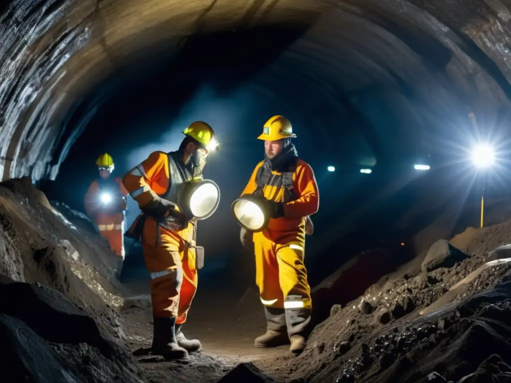 Mineros en mina de carbón con EPP, prevención enfermedades respiratorias minería