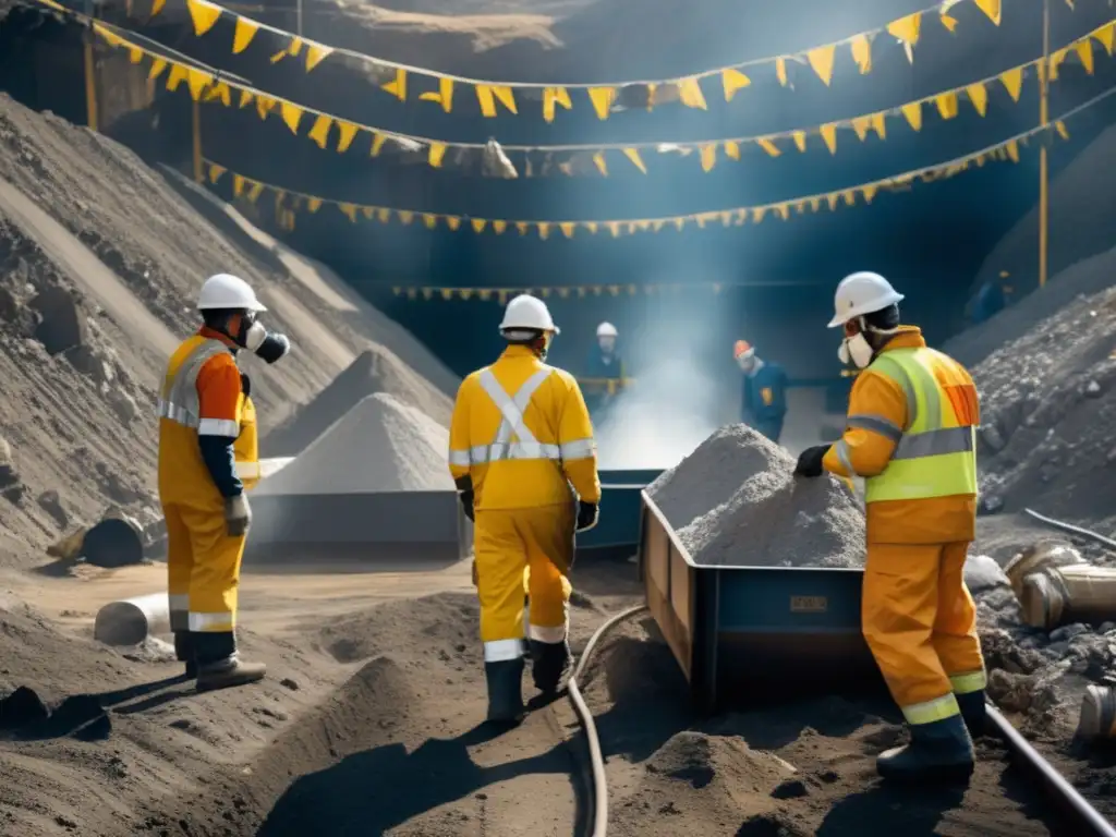 Prevención de asbestosis en mineros: imagen detallada de mina con trabajadores protegidos y señales de advertencia