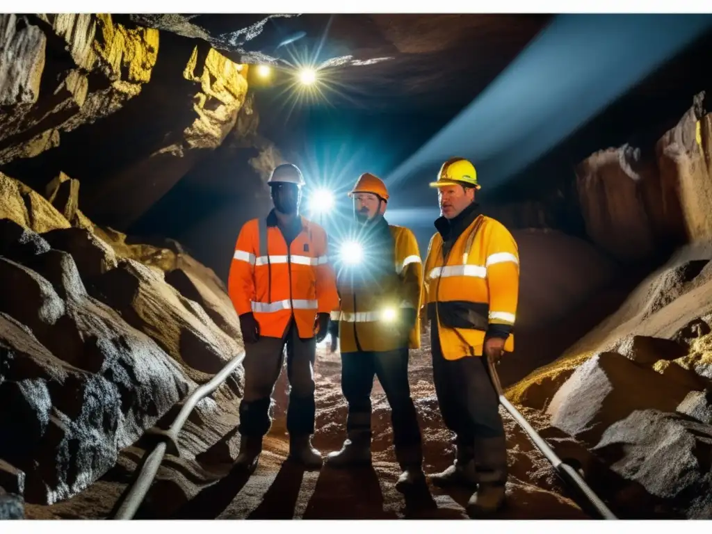 Mineros en mina oscura con protocolos de emergencia en minería sostenible