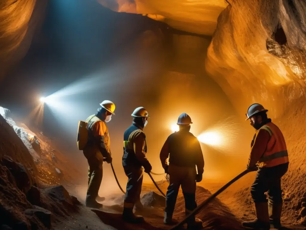 Prevención de silicosis en minas: Mineros trabajando en ambiente peligroso, con protección y partículas de polvo en el aire