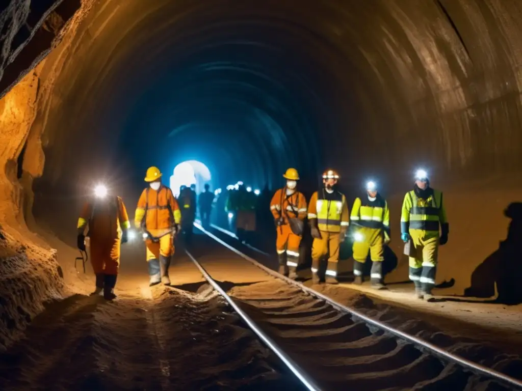 Innovaciones en protección minera: mineros con equipo avanzado en túnel iluminado por lámparas incorporadas en cascos y chalecos reflectantes