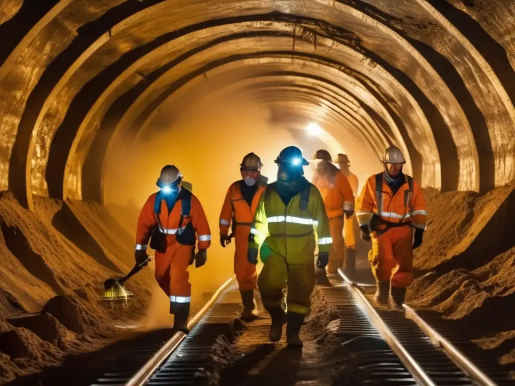 Innovaciones equipos protección minería sostenibles: Mineros trabajando en túnel, con equipos de seguridad avanzados