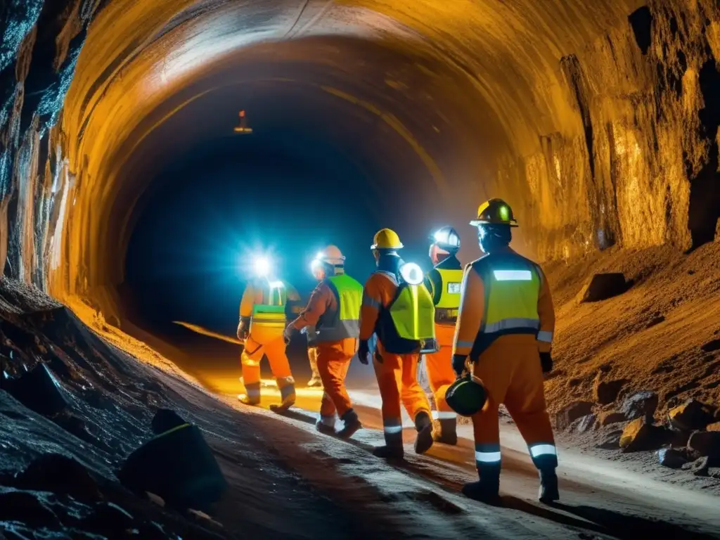 Equipos de protección minera innovadores en túnel subterráneo, mineros con trajes, cascos, máscaras y herramientas