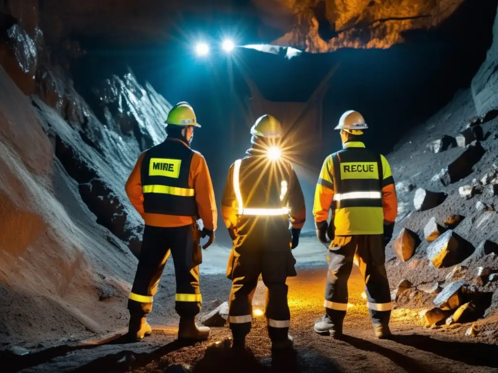 Equipo de rescate minero demostrando protocolos de emergencia en una mina oscura