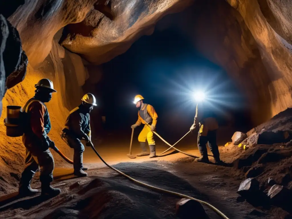 Mineros en mina oscura con protección