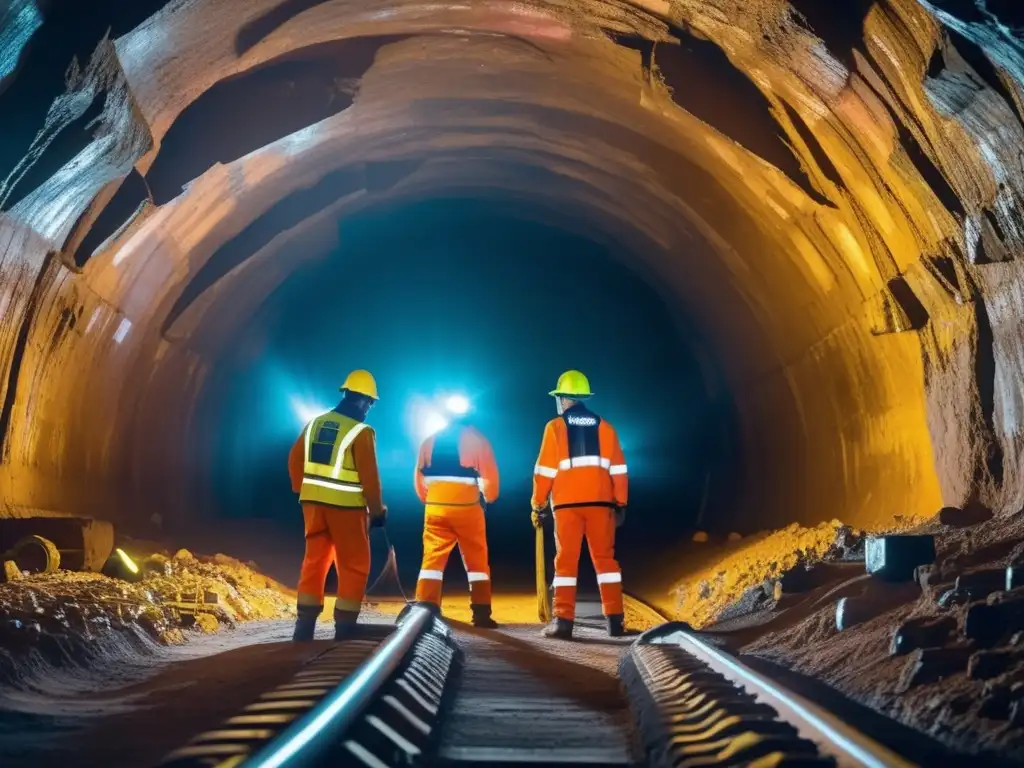 Mineros con equipo de seguridad innovador en túnel subterráneo: Mejores prácticas en seguridad minera