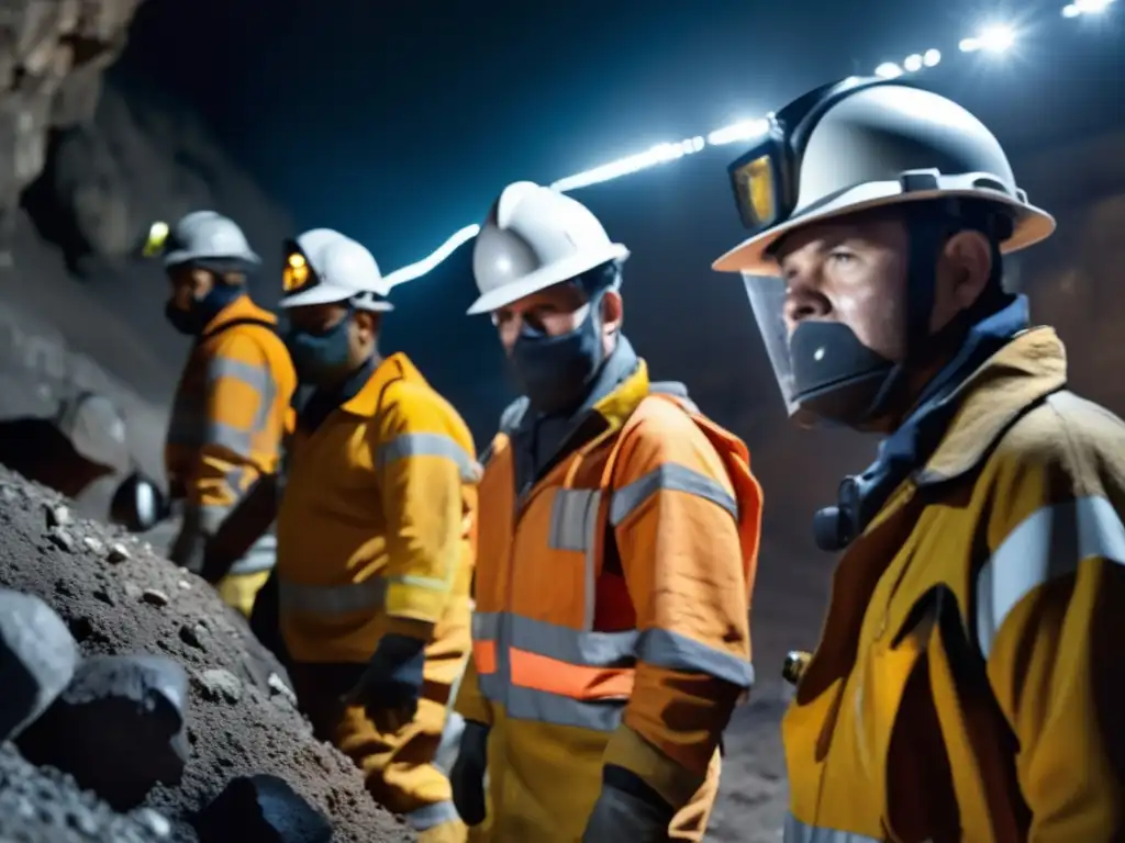 Innovaciones en equipos de protección minera: mineros con trajes y cascos avanzados en ambiente minero