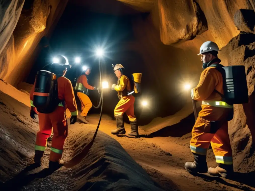 Mineros descendiendo en mina subterránea Desafíos seguridad minería profunda: mineros protegidos en túnel oscuro, usando tecnología avanzada y equipo especializado