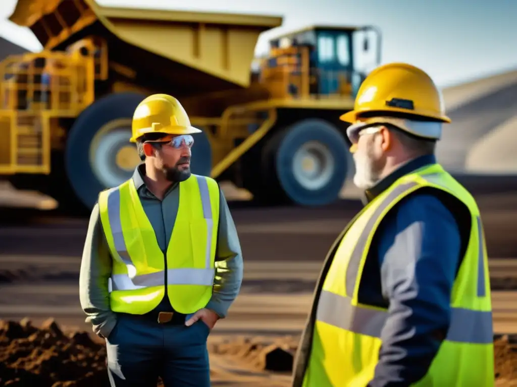 Mineros en operación minera, con equipo de seguridad, demostrando protocolos de emergencia en minería sostenible