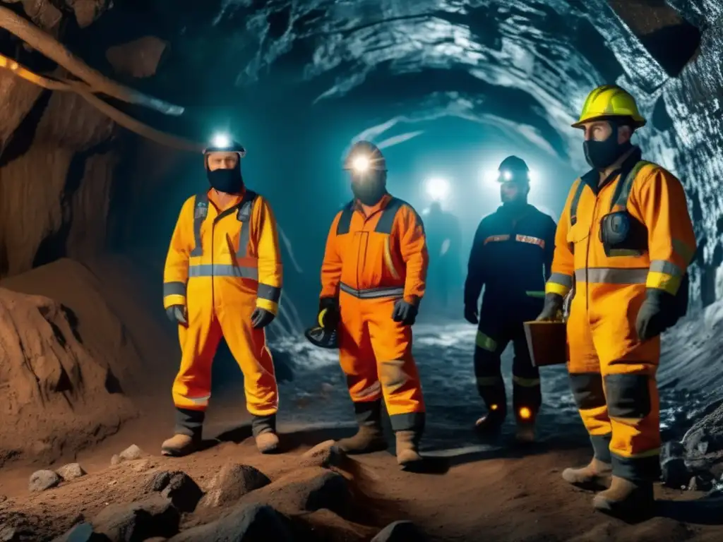 Futuro de equipos de protección en minería: Mineros con trajes avanzados, cascos y máscaras respiratorias en una mina subterránea