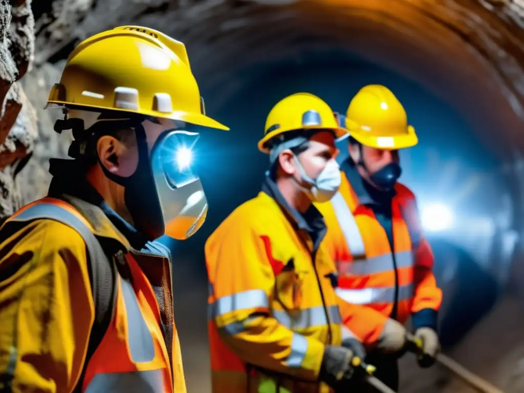 Innovaciones en equipos de protección para minería sostenible: mineros trabajando con seguridad en túnel moderno