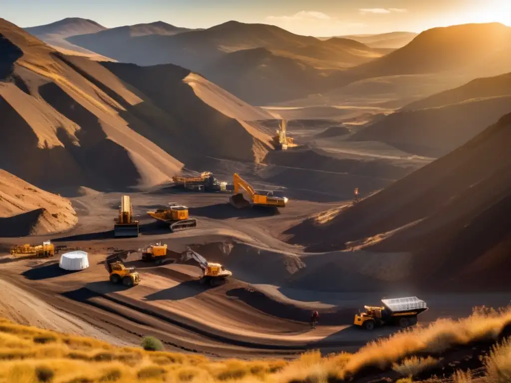 Vista panorámica de mina con técnicas sostenibles y riesgos mineros, destacando importancia de prevención de enfermedades