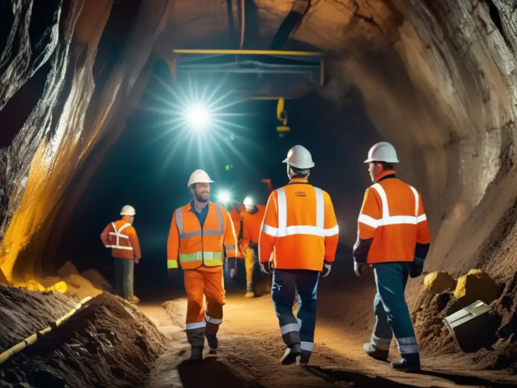 Mineros utilizando técnicas sostenibles en minería en un túnel moderno, con equipo avanzado y tecnología de vanguardia