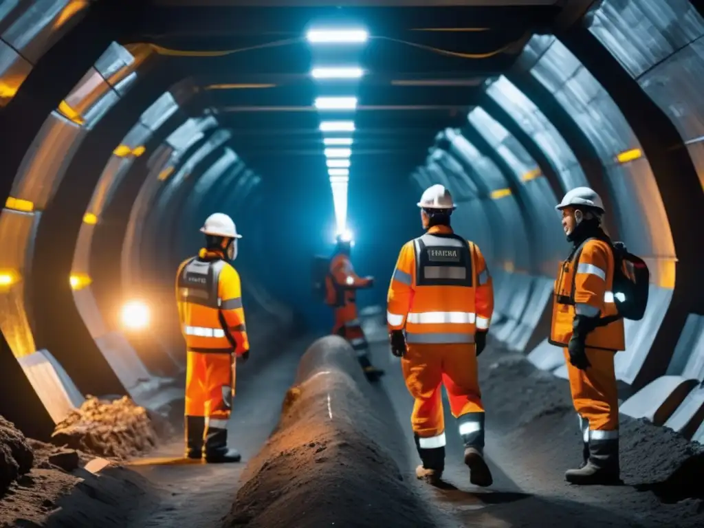 Futuro equipos protección en minería: mineros avanzados con trajes de alta tecnología trabajan en túnel oscuro