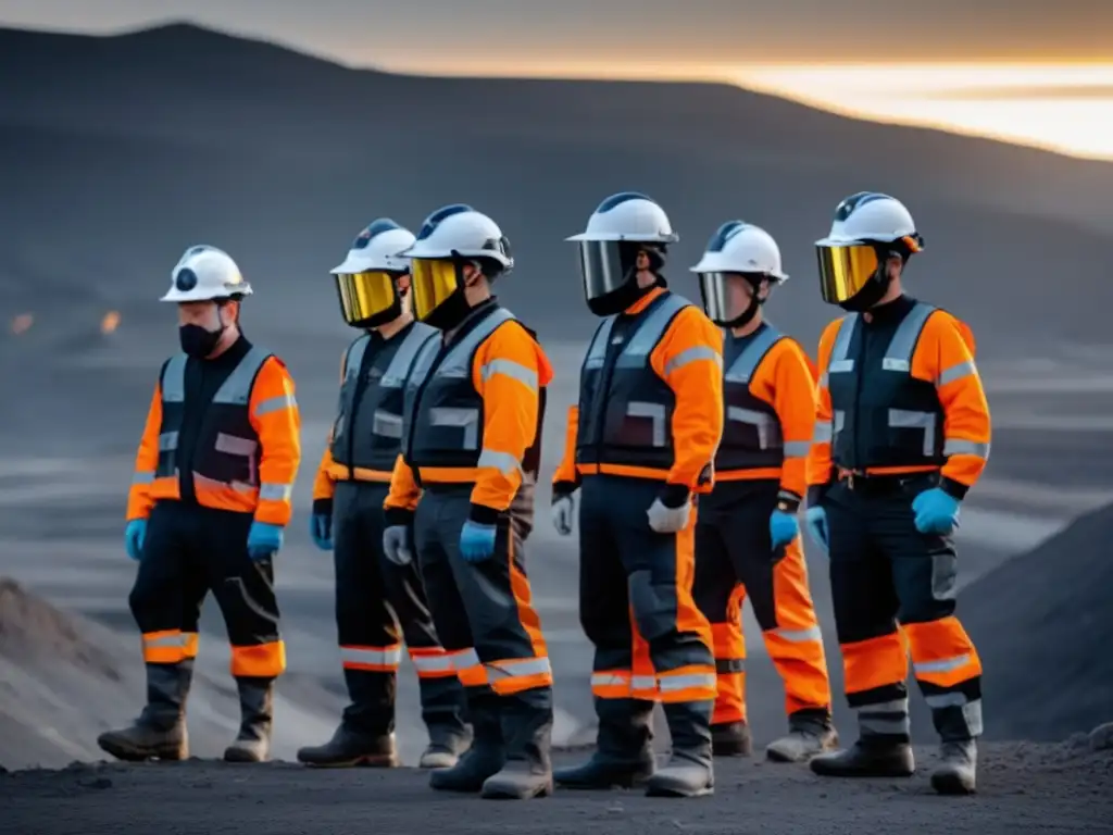 Nuevas tecnologías en seguridad minera: Mineros con cascos futuristas y detectores de gas en túnel subterráneo