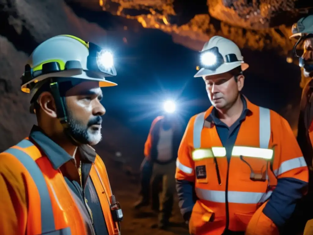 Tecnología wearable en la seguridad minera: Mineros equipados con dispositivos avanzados trabajan bajo tierra