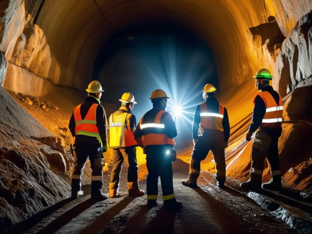 Mineros diversos en túnel de mina, trabajando juntos