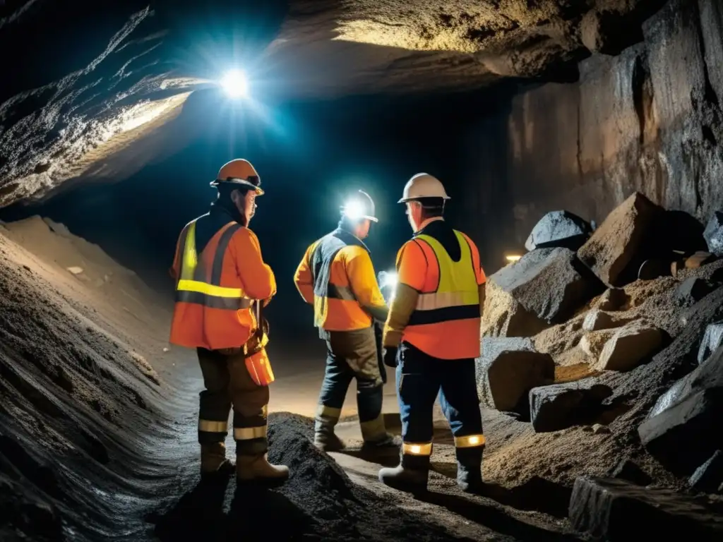 Habilidades necesarias para formación en minería: trabajadores en mina subterránea, trabajo en equipo, maquinaria pesada, seguridad y liderazgo