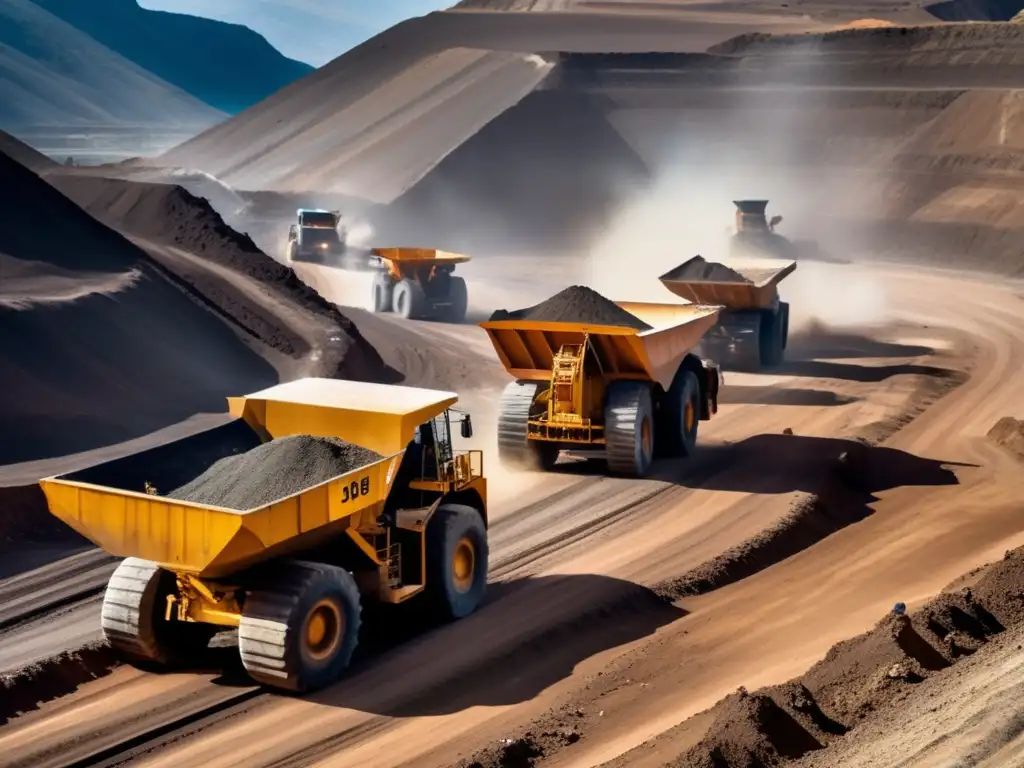 Iniciativas sostenibles minería América Latina: Mineros trabajando en mina a cielo abierto en los Andes, respetando el entorno