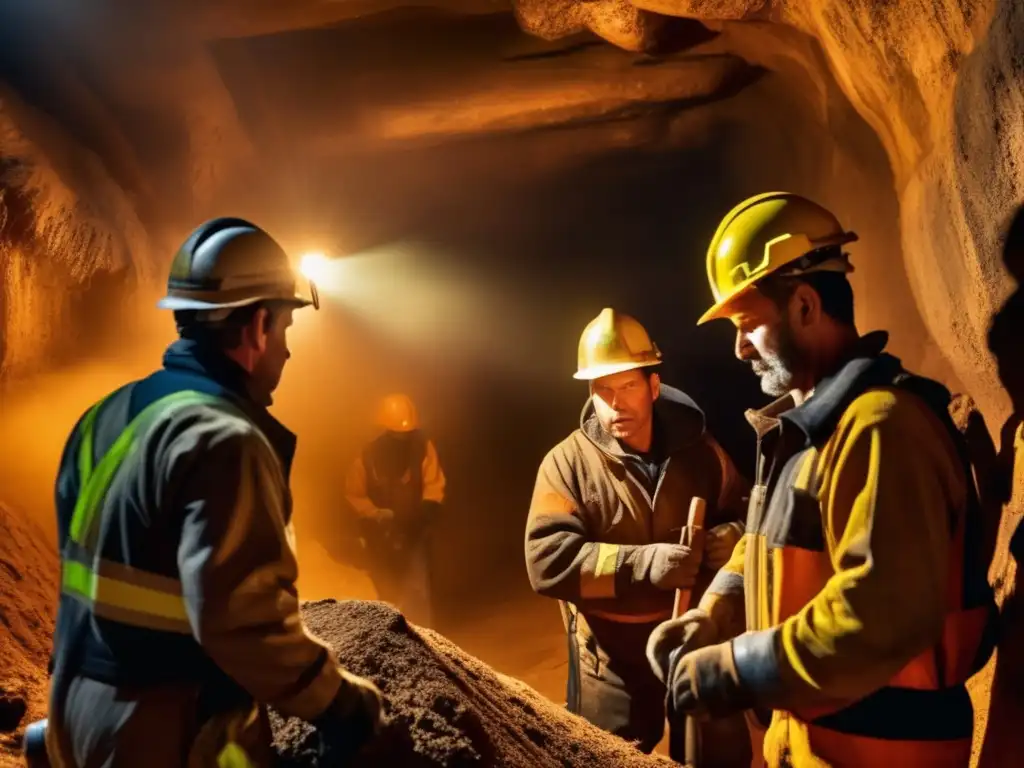 Mineros trabajando en mina oscura con maquinaria pesada - Prevenir artritis inducida vibración minera