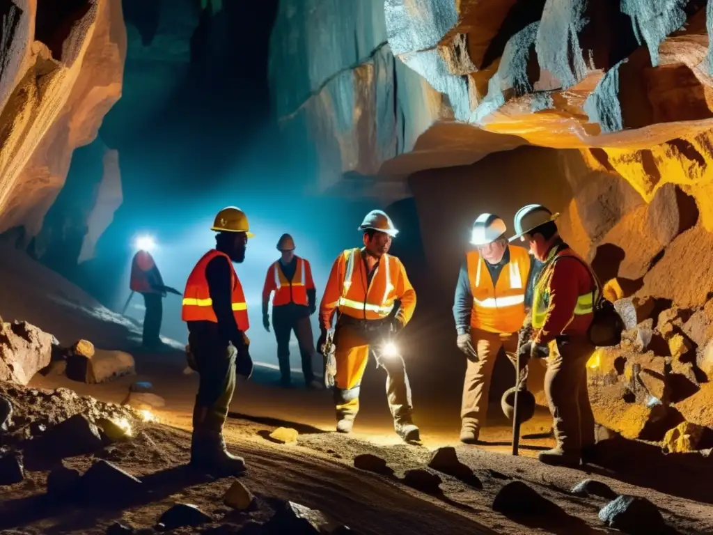 Iniciativas sostenibles minería América Latina: mineros trabajando en mina subterránea con seguridad y riqueza mineral