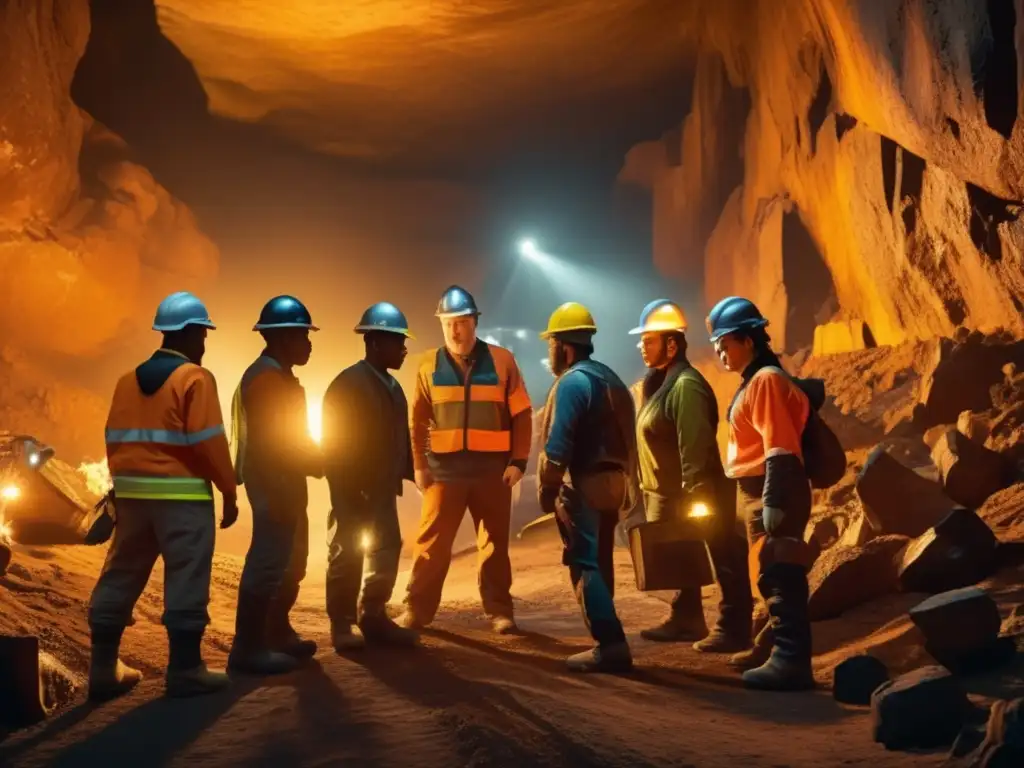 Mineros trabajando en una mina subterránea, destacando programas inclusivos y diversidad minera