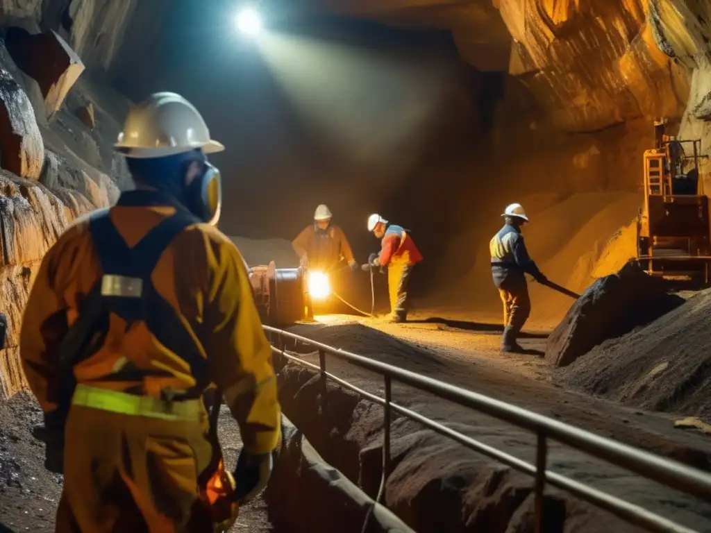 Mineros trabajando en mina oscura y peligrosa con equipos de protección - Prevención enfermedades mineros sostenibles