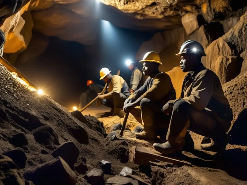 Comercio minerales conflicto: lecciones aprendidas en minas subterráneas oscurecidas por rocas, mineros sudorosos y herramientas