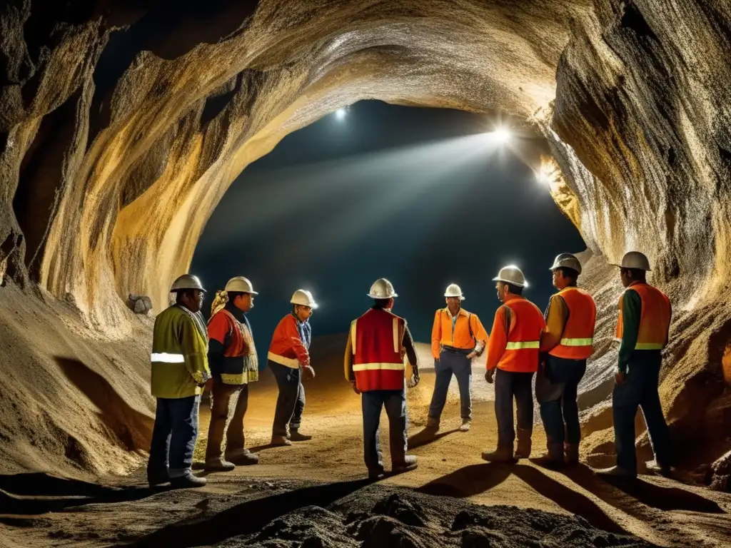 Derechos laborales en minería sostenible: trabajadores protegidos en imagen cautivadora y documental de mineros subterráneos en operación responsable