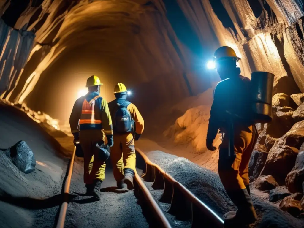 Trabajo intenso de mineros en túnel de mina, con equipos de protección