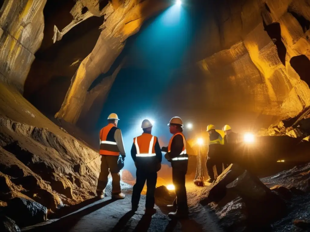 Trabajadores mineros en túnel subterráneo, enfocados en seguridad y extracción de minerales