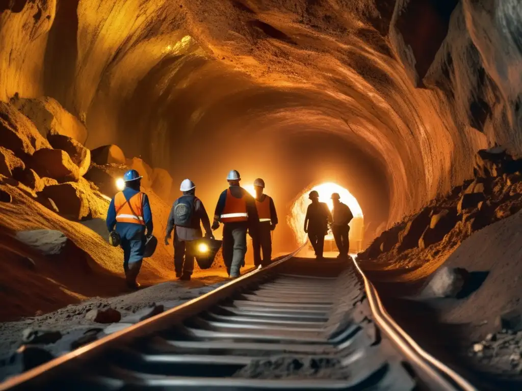 Beneficios de la legislación ambiental minera: Mineros en túnel subterráneo, trabajando con seguridad y extrayendo minerales valiosos