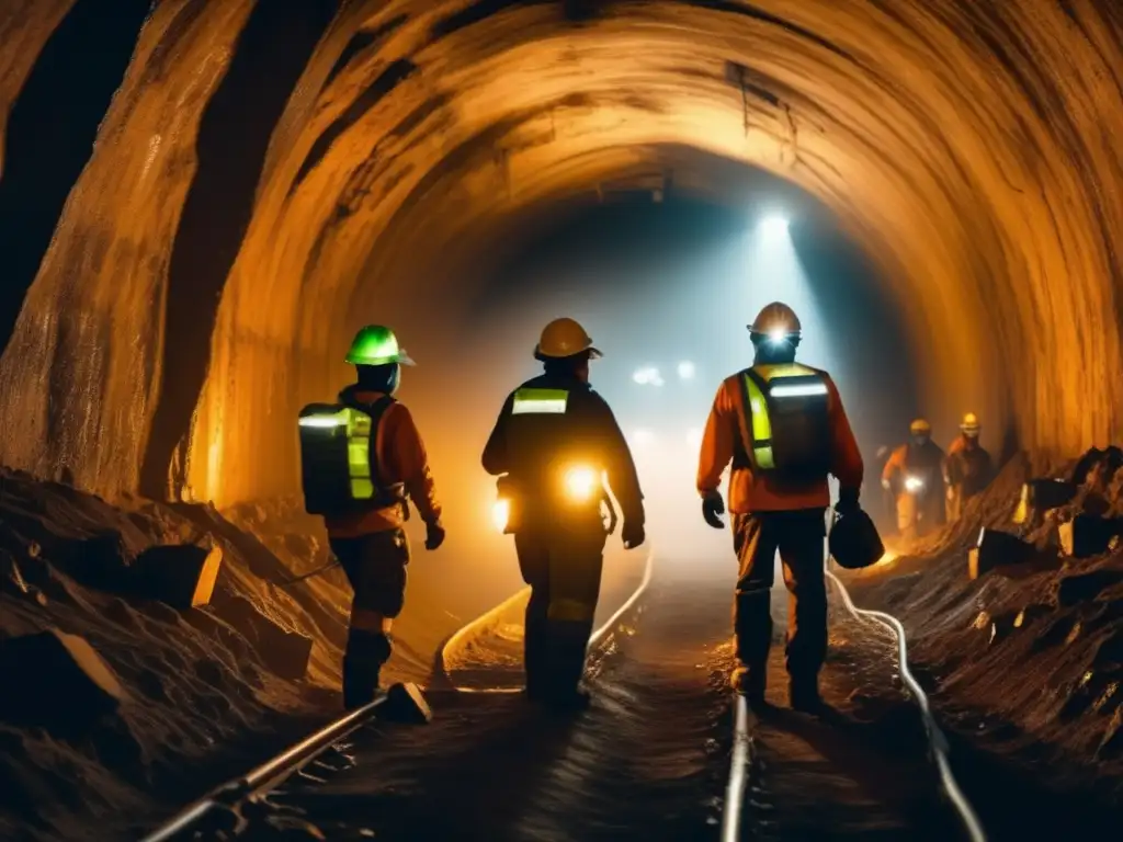 Consecuencias salud minería: mineros trabajando en túnel oscuro con protección y herramientas, reflejando desgaste y peligros