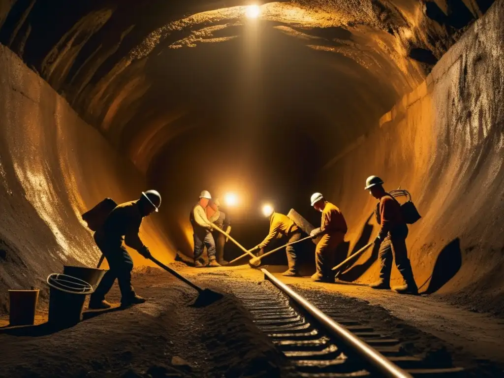 Impacto laboral: Mineros trabajan en túnel oscuro y agotador, resaltando la dureza de su labor y las condiciones desafiantes
