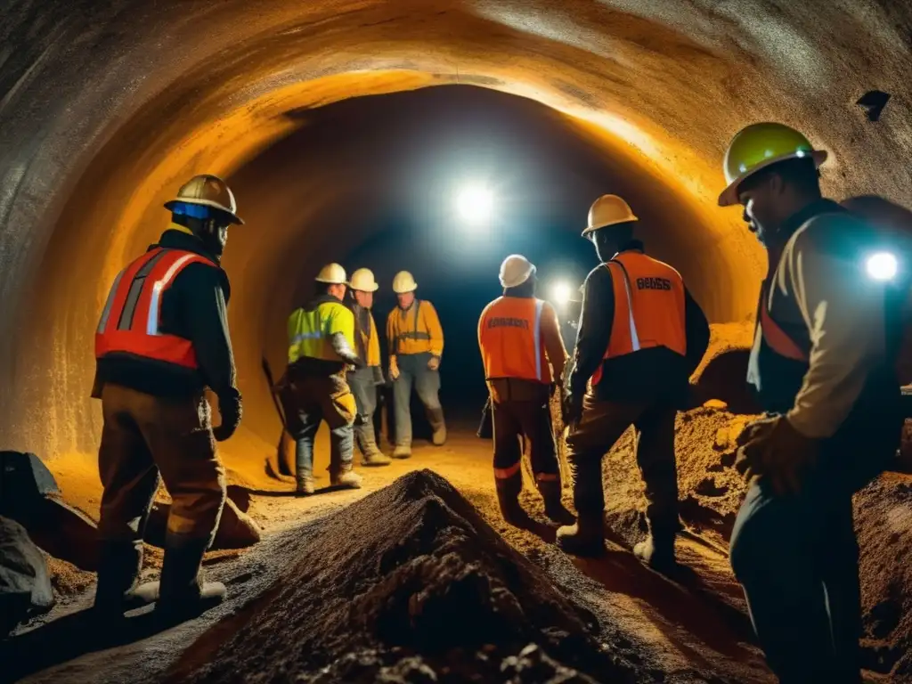 Mineros en túnel oscuro trabajando con riesgos y enfermedades de la piel