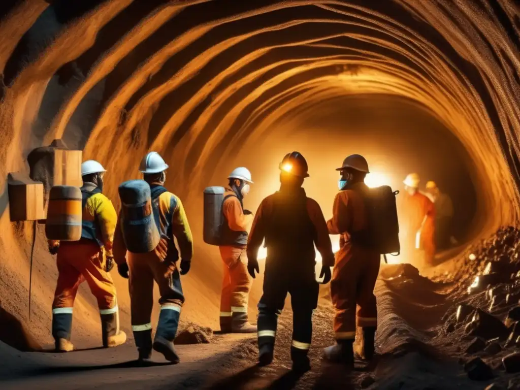 Fotografía: Mineros trabajando en túnel oscuro, con protección respiratoria