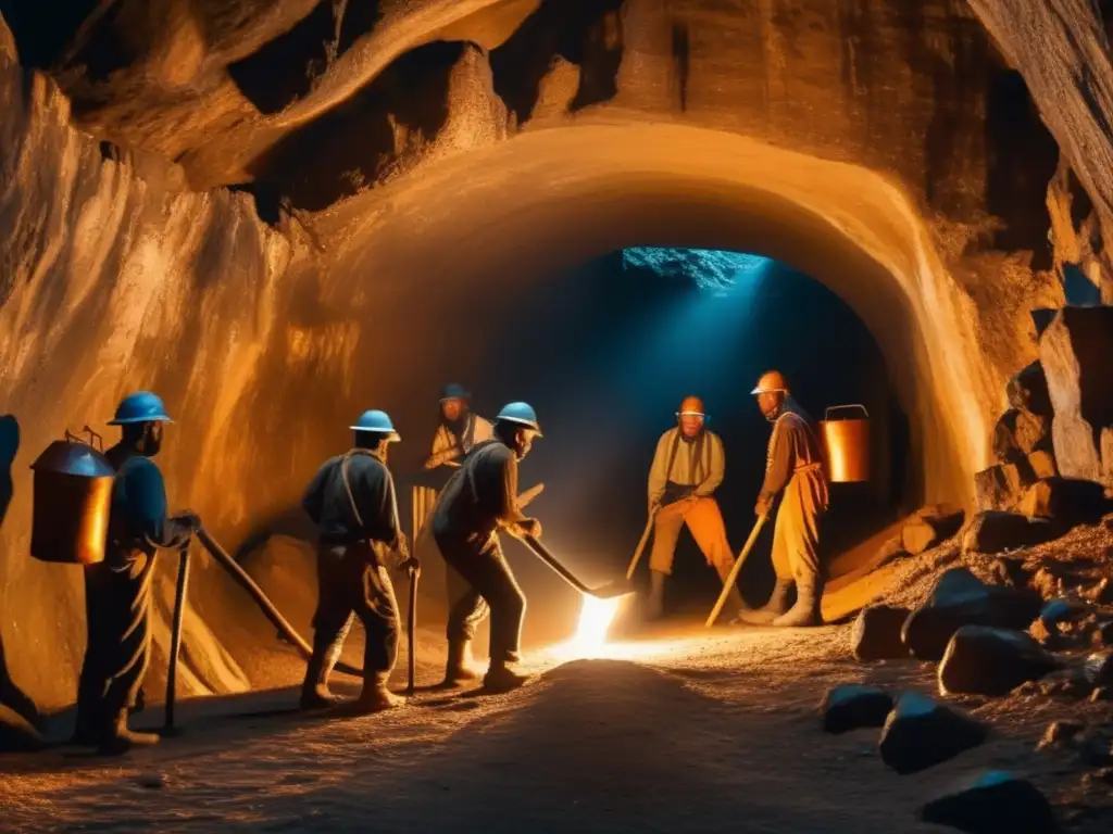 Mineros en tunel antiguo con picos y linternas: Innovaciones en maquinaria pesada minera