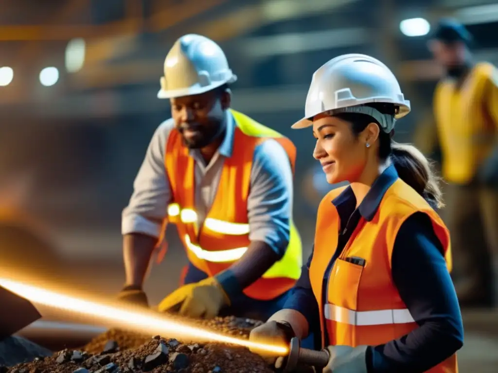 Mineros trabajando juntos en instalación moderna, destaca diversidad e inclusión