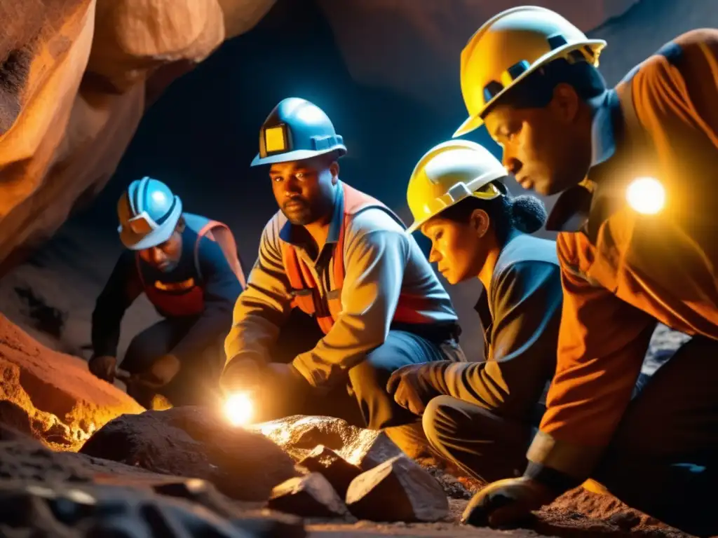 Beneficios de la minería inclusiva: Mineros diversos trabajando juntos en una mina subterránea, mostrando camaradería y eficacia