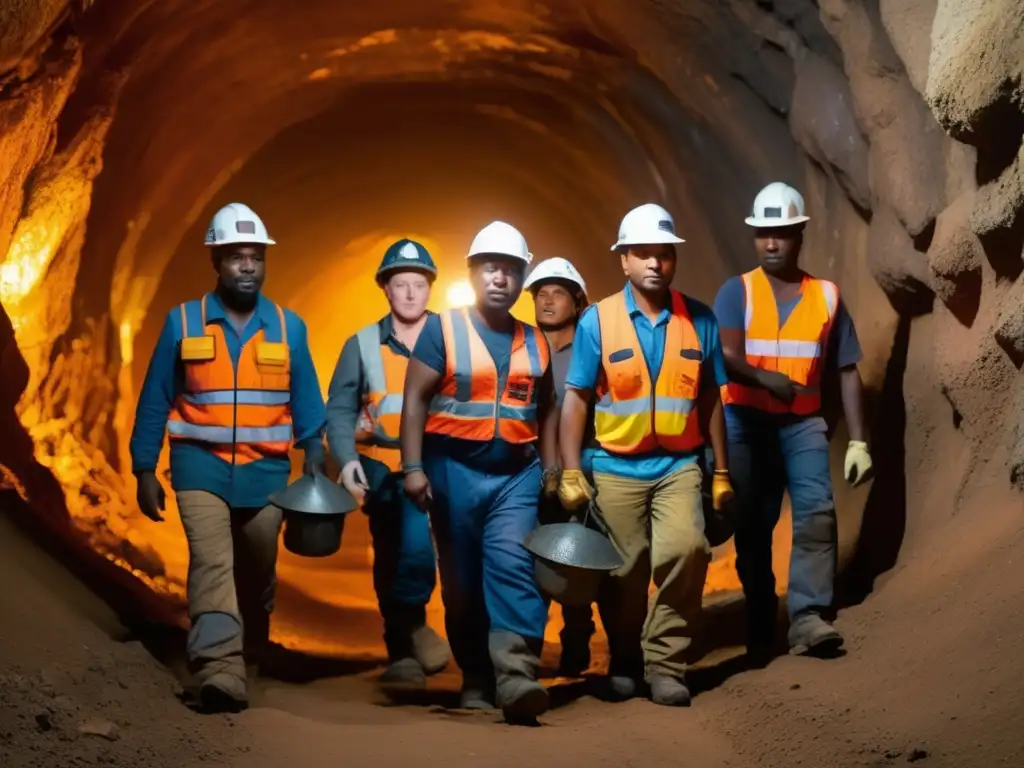 Diversidad en la minería sostenible: Mineros trabajando juntos en túneles iluminados